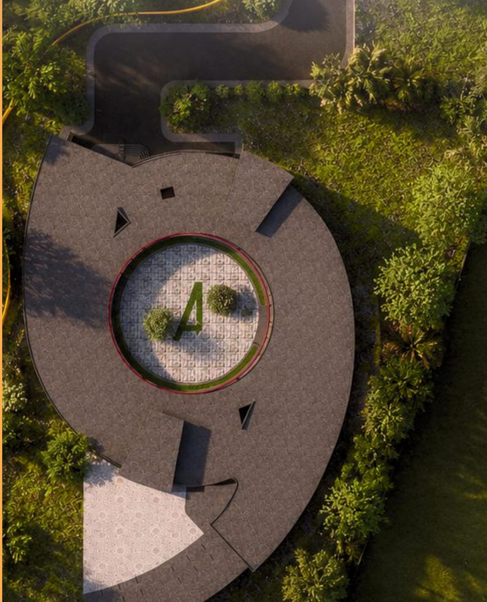 Aerial view of the Area 9 flagship school — a circular campus shaped around a central courtyard